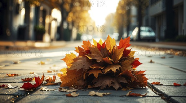 A bouquet of vibrant autumn leaves lays on the pavement, showcasing hues of orange, red, and yellow. The soft light of late afternoon casts a warm glow over the quiet urban street lined with trees. AI generated