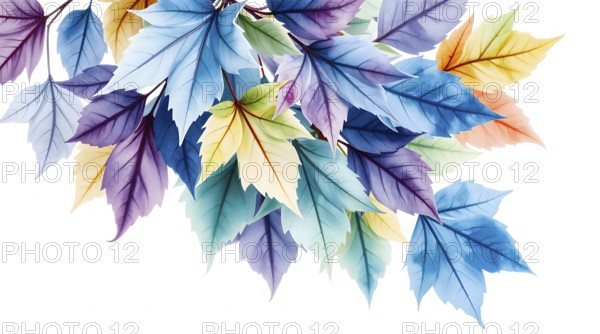 Delicate watercolor artwork featuring a bouquet of autumn leaves showcasing vibrant blues, greens, and purples against a clean white backdrop, highlighting the gentle beauty of the season. AI generated