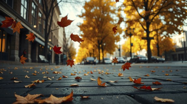 Bright autumn leaves swirl through the air along a cobblestone street lined with trees showcasing golden and orange hues. The peaceful scene captures the essence of fall. AI generated