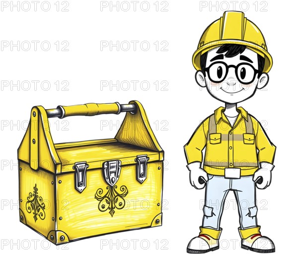 A cartoon style construction worker is depicted in a full-length pencil sketch, wearing a bright yellow hard hat and casual work attire. He stands confidently next to a detailed toolbox on white background. AI generated