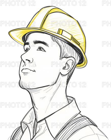Hand-drawn pencil sketch of a construction worker wearing a yellow hard hat. The worker is looking up, showcasing a focused expression against a white background. AI generated