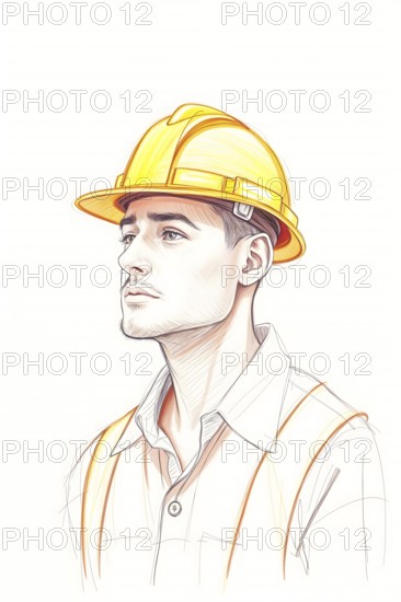 Construction worker with a yellow hard hat and safety vest, showcasing his focus and determination while engaged in construction work, pencil sketch style, white background. AI generated