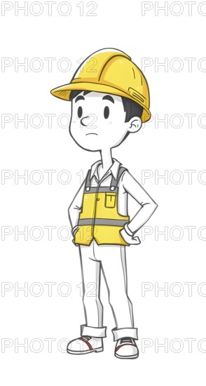 Cartoonish construction worker boy in a yellow hard hat and vest is depicted standing with hands on hips. The character appears thoughtful and ready for work, against a white background. AI generated