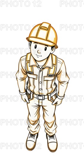 A cartoon construction worker, wearing a yellow safety hat and sturdy clothing, stands with hands at his sides, sketch style. AI generated