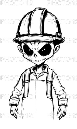 Hand drawn pencil sketch of a cartoonish monster, zombie, or alien construction worker with an unsettling expression, wearing a hard hat and overalls, Halloween theme. AI generated
