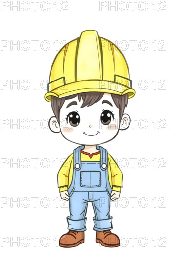 Hand-drawn pencil sketch of an adorable cartoon construction worker wearing a yellow hard hat and overalls, white background. This charming character is perfect for projects aimed at children or construction themes. AI generated