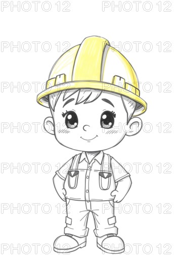 Isolated cartoon little boy contractor stands with his hands on his hips in pencil sketch style with a yellow hard hat, white background. AI generated
