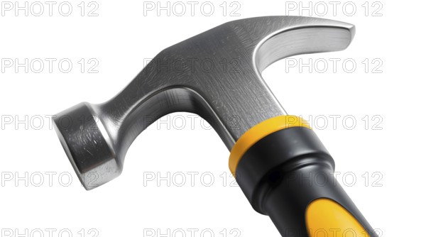 A detailed view showcasing a claw hammer featuring a shiny metallic head and a rubber handle with black and yellow colors, perfect for various construction and repair tasks. AI generated