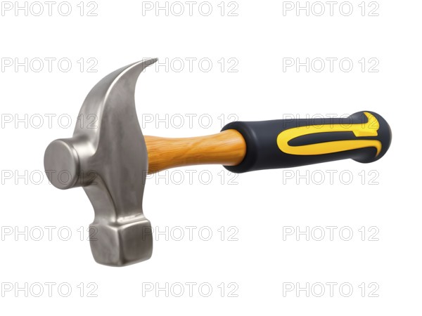 A claw hammer featuring a metal head and a sturdy wooden handle wrapped in rubber for comfort is presented against a white background. This tool is essential for construction and repairs. AI generated