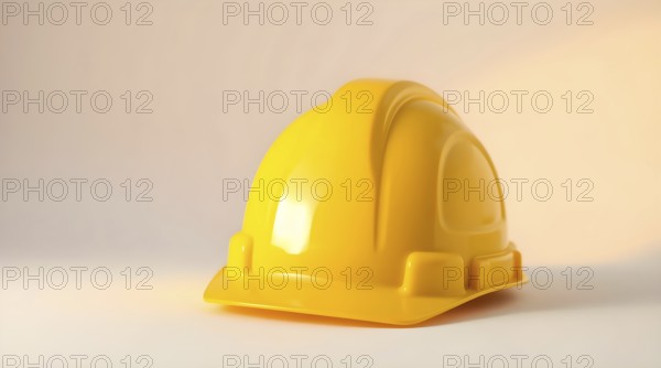 A bright yellow construction hard hat sits against a light background, illuminated by studio lighting that casts a gentle shadow, showcasing its smooth surface and design details. AI generated
