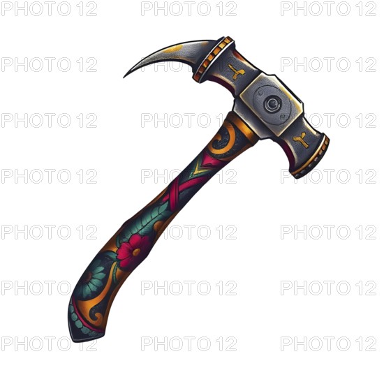 A claw hammer displays a vibrant abstract flower design on its handle, set against a clean white background. This tool combines functionality with artistic flair, ideal for decor. AI generated