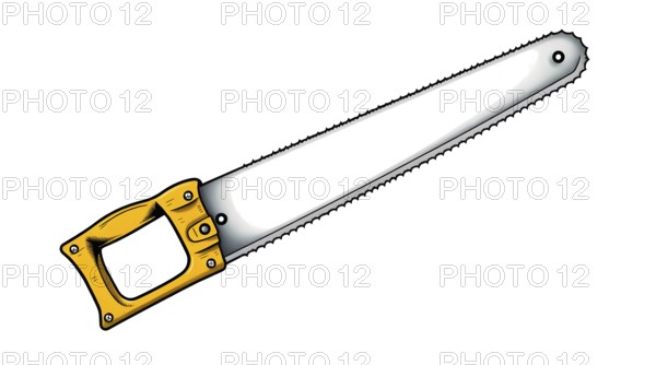 Hand drawn sketch of a cartoonish classic handsaw with yellow handle and sharp steel blade on white background. AI generated