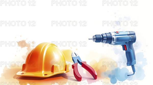 Construction helmet, pliers, and a drill, blended together in a vibrant watercolor style, highlighting tools essential for building and repair activities. AI generated