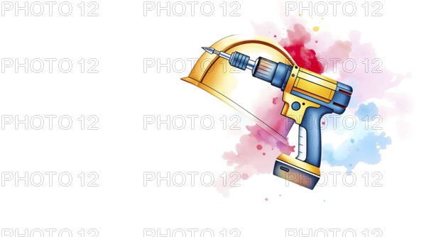 Vibrant watercolor artwork showcases a construction helmet alongside a drill. The composition allows for branding space, making it ideal for workshop promotions or signage. AI generated
