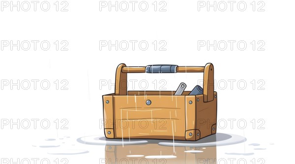 A cartoon wooden toolbox in a puddle is opened on a white background, showing various tools as rain drizzles down. The reflective surface enhances the wet atmosphere, creating a vivid contrast. AI generated