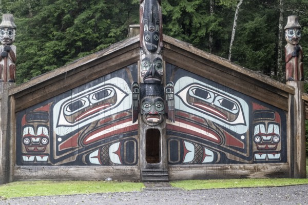 Totem poles at a Tlingit Clan House, Totem Bight State Historical Park, Ketchikan, Alaska, USA