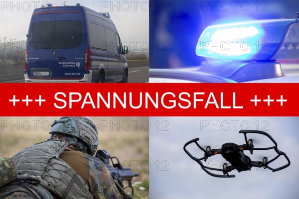 Tension case Symbolic image: lettering TENSION CASE on a photo collage with THW vehicle, blue light, Bundeswehr soldier and drone