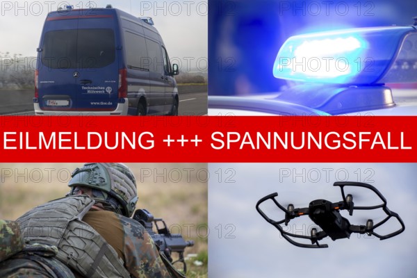 Tension case Symbolic image: The lettering EILMELDUNG SPANNUNGSFALL on a photo collage with THW vehicle, blue light, Bundeswehr soldier and drone