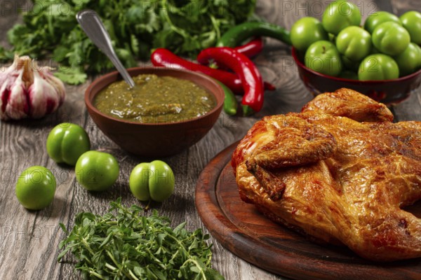 Baked tobacco chicken, served with tkemali sauce, on a wooden table, Georgian cuisine, rustic style, no people