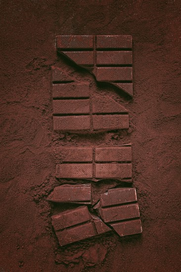 Chocolate bars broken and scattered on cocoa powder background with rich texture and color