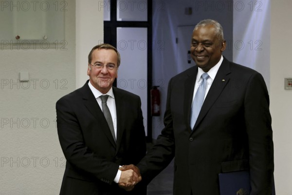 Federal Minister of Defence Boris Pistorius with Lloyd James Austin III Former United States Secretary of Defence 2021 to 2025 - Award of the Order of Merit of the Federal Republic of Germany to Lloyd James Austin III in recognition of his personal commitment to strengthening German-American friendship and bilateral defence and military policy cooperation at the Federal Ministry of Defence, Berlin, 01.10.25