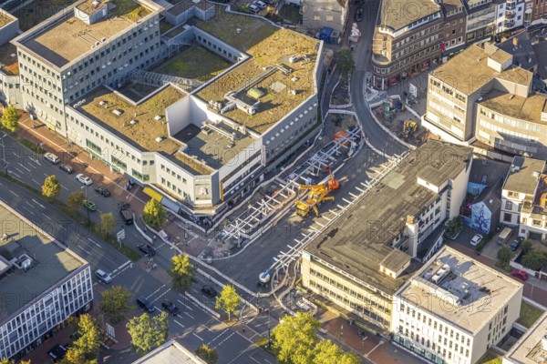 Aerial view, construction site Westentor am City-Center, federal road 63 Westring, centre, Hamm, Ruhr area, North Rhine-Westphalia, Germany, workplace, architecture, view, cars, construction, construction work, construction area, construction site, building plots, construction project, construction projects, construction site, federal road 63, City-Center, DE, development, renewal, Europe, progress, building, commercial, commercial area, infrastructure, engineering, construction, crane, aerial view, aerial photography, aerial photography, machinery, modernisation, city view, city centre, road construction, overview, traffic, bird's eye view, Westentor, Westring, clouds, birds-eyes view, overview, urban