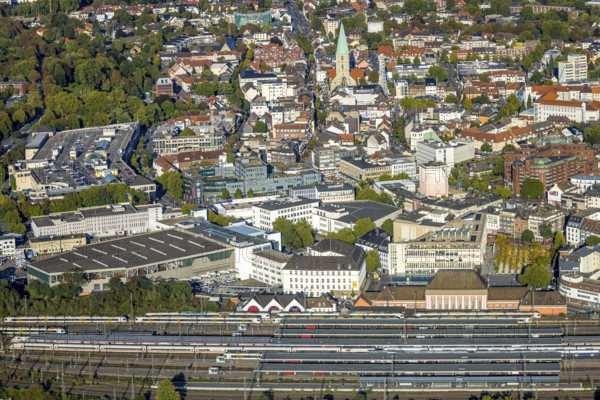 Aerial view, city centre view with evang. St. Paul's Church, city festival with Ferris wheel, platforms of the main station, centre, Hamm, Ruhr area, North Rhine-Westphalia, Germany, place of worship, railway area, station, platform, DE, Deutsche Bahn AG, Europe, religious community, railway tracks, tracks, house of God, main station, main station, holy place, church, church community, denomination, aerial view, aerial photography, aerial photography, religion, religious site, overview, bird's eye view, birds-eyes view, overview