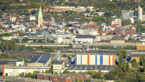 Aerial view, harbour with Voestalpine Boeler and view to the city with St. Paul's Church, district Herringen, Hamm, Ruhr area, North Rhine-Westphalia, Germany, place of worship, DE, Europe, religious community, place of worship, harbour, harbour area, harbour area, holy place, church, church community, denomination, aerial view, aerial photography, aerial photography, religion, religious site, overview, bird's-eye view, overview