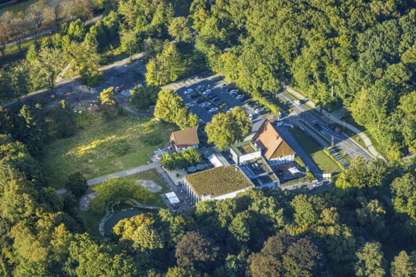 Aerial view, TusÃƒÂª Altes Fährhaus Restaurant, Uentrop, Hamm, Ruhr area, North Rhine-Westphalia, Germany, outdoor catering, beer garden, café, DE, food and drink, Europe, inn, restaurant, gastronomy, aerial photography, aerial photography, aerial photography, restaurant, parasols, overview, bird's eye view, overview