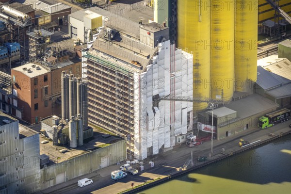 Aerial view, harbour area, Brökelmann und Co. oil mill in the harbour at the Datteln-Hamm canal, Bockum-Hövel, Hamm, Ruhr area, North Rhine-Westphalia, Germany, DE, Europe, commercial enterprise, commercial area, commercial area, commercial property, commercial site, commercial use, harbour, harbour area, industrial area, industrial site, aerial view, aerial photography, aerial photography, overview, bird's-eye view, overview
