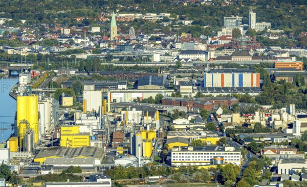 Aerial view, harbour with Brökelmann oil mill and view to the city with St. Paul's church, district Herringen, Hamm, Ruhr area, North Rhine-Westphalia, Germany, place of worship, DE, Europe, religious community, place of worship, harbour, harbour area, harbour area, holy place, church, church community, denomination, aerial view, aerial photography, aerial photography, religion, religious site, overview, bird's eye view, birds-eyes view, overview