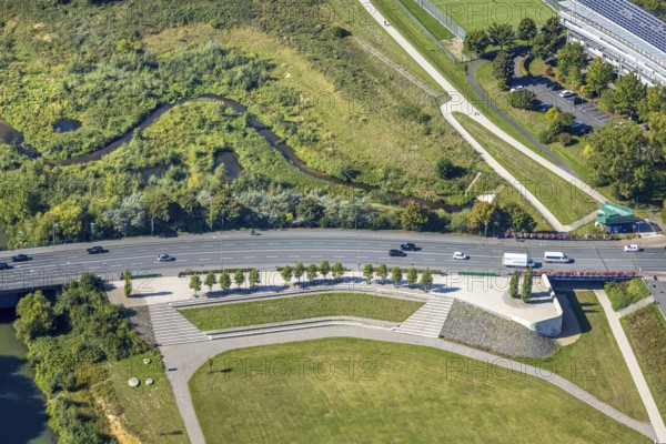 Aerial view, floodplain park with viewing platform, Münsterstraße federal road B63, centre, Hamm, Ruhr area, North Rhine-Westphalia, Germany, viewpoint, federal road, DE, Europe, floodplain, aerial photograph, aerial photography, aerial photography, overview, bird's-eye view, overview