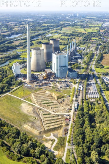 Aerial photo, RWE Generation SE Gersteinwerk power plant, Bockum-Hövel, Hamm, Ruhr area, North Rhine-Westphalia, Germany, construction work, construction area, construction site, building site, construction project, construction site, DE, E-Werk, Europe, power plant, aerial photo, aerial photography, aerial photography, chimney, tower, overview, bird's-eye view, overview