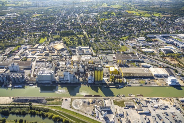 Aerial view, harbour area, Brökelmann und Co. Oil mill in the harbour on the Datteln-Hamm Canal, construction site, Bockum-Hövel, Hamm, Ruhr area, North Rhine-Westphalia, Germany, construction work, construction area, construction site, building land, construction project, DE, Europe, commercial enterprise, commercial area, commercial property, commercial site, commercial use, harbour, harbour area, industrial area, industrial site, aerial photograph, aerial photography, aerial photography, overview, bird's eye view, birds-eyes view, overview