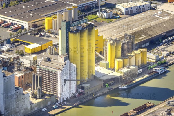 Aerial view, harbour area, Brökelmann und Co. oil mill in the harbour at the Datteln-Hamm canal, Bockum-Hövel, Hamm, Ruhr area, North Rhine-Westphalia, Germany, DE, Europe, commercial enterprise, commercial area, commercial area, commercial property, commercial site, commercial use, harbour, harbour area, industrial area, industrial site, aerial view, aerial photography, aerial photography, overview, bird's-eye view, overview