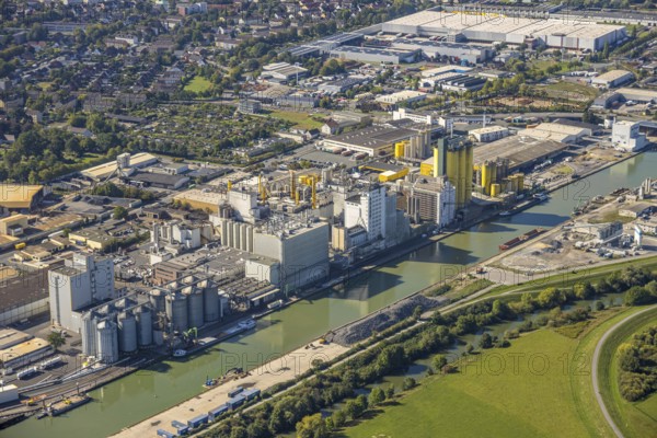 Aerial view, harbour area, Brökelmann und Co. oil mill in the harbour at the Datteln-Hamm canal, Bockum-Hövel, Hamm, Ruhr area, North Rhine-Westphalia, Germany, DE, Europe, commercial enterprise, commercial area, commercial area, commercial property, commercial site, commercial use, harbour, harbour area, industrial area, industrial site, aerial view, aerial photography, aerial photography, overview, bird's-eye view, overview