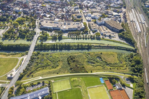 Aerial view, Allee-Center shopping centre at the Datteln-Hamm canal and river Lippe, bridge Münsterstraße B63, district Heessen, Hamm, Ruhr area, North Rhine-Westphalia, Germany, City, DE, shopping centre, shopping markets, shopping place, shopping centre, Europe, aerial view, aerial photography, aerial photography, local supply centre, shopping centre, overview, bird's eye view, birds-eyes view, overview