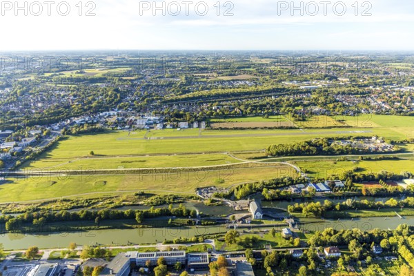 Aerial photo, Hamm-Lippewiesen airfield, experience space, distant view with view Hamm-Heessen, centre, Hamm, Ruhr area, North Rhine-Westphalia, Germany, DE, Europe, aerial view, aerial photography, aerial photography, overview, bird's-eye view, overview