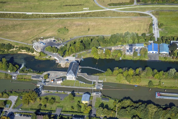 Aerial view, construction site at the Hamm lock on the Datteln-Hamm Canal and River Lippe, centre, Hamm, Ruhr area, North Rhine-Westphalia, Germany, construction work, construction area, building site, building plots, construction project, construction site, DE, Europe, canal, aerial view, aerial photography, aerial photography, aerial photography, lock, overview, bird's-eye view, overview