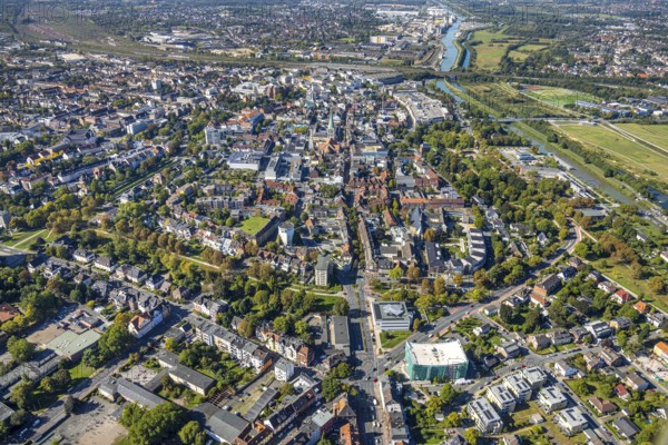Aerial view, city centre view with St. Paul's Church and Allee-Center, Datteln-Hamm-Canal, centre, Hamm, Ruhr area, North Rhine-Westphalia, Germany, old town, place of worship, city, DE, Europe, religious community, place of worship, holy place, city centre view, church, parish, denomination, aerial view, aerial photography, aerial photography, aerial view, location view, religion, religious place, city, townscape, city centre, overview, bird's-eye view, bird's-eye view, overview