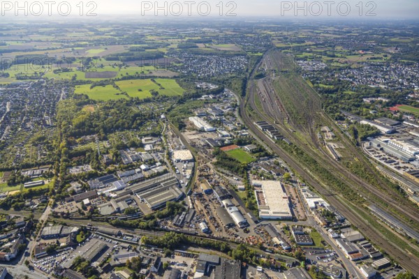 Aerial view, Hamm marshalling yard, Östingstraße industrial estate and Lohauserholz district, animal park, Hamm telecommunications tower transmitter, centre, Hamm, Ruhr area, North Rhine-Westphalia, Germany, DE, Europe, commercial enterprise, commercial area, commercial property, commercial site, commercial use, railway tracks, tracks, property tax, goods trains, real estate, industrial area, industrial site, aerial view, aerial photography, aerial photography, overview, bird's-eye view, residential area, housing and living, residential area, residential quality, residential neighbourhood, housing estate, residential district, birds-eyes view, overview