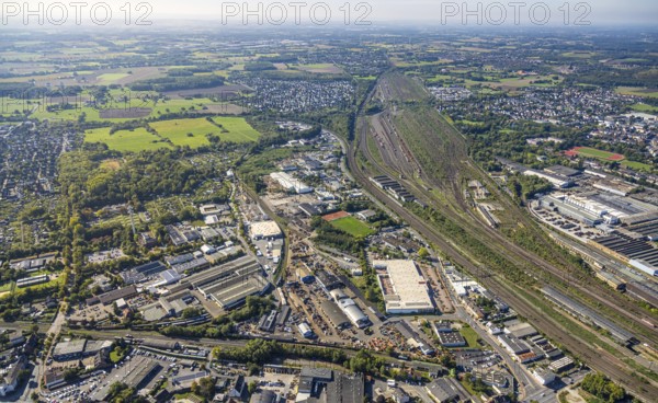 Aerial view, Hamm marshalling yard, Östingstraße industrial estate and Lohauserholz district, animal park, Hamm telecommunications tower transmitter, centre, Hamm, Ruhr area, North Rhine-Westphalia, Germany, DE, Europe, commercial enterprise, commercial area, commercial property, commercial site, commercial use, railway tracks, tracks, property tax, goods trains, real estate, industrial area, industrial site, aerial view, aerial photography, aerial photography, overview, bird's-eye view, residential area, housing and living, residential area, residential quality, residential neighbourhood, housing estate, residential district, birds-eyes view, overview