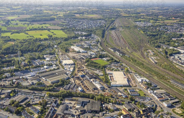 Aerial view, Hamm marshalling yard, Östingstraße industrial estate and Lohauserholz district, animal park, Hamm telecommunications tower transmitter, centre, Hamm, Ruhr area, North Rhine-Westphalia, Germany, DE, Europe, commercial enterprise, commercial area, commercial property, commercial site, commercial use, railway tracks, tracks, property tax, goods trains, real estate, industrial area, industrial site, aerial view, aerial photography, aerial photography, overview, bird's-eye view, residential area, housing and living, residential area, residential quality, residential neighbourhood, housing estate, residential district, birds-eyes view, overview