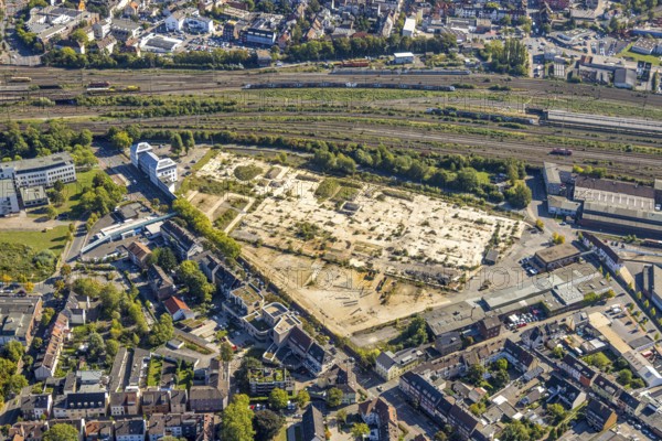 Aerial view, construction area WDI Westfälische Drahtindustrie between Wilhelmstraße and Banningstraße, centre, Hamm, Ruhr area, North Rhine-Westphalia, Germany, construction work, construction area, construction site, building plots, construction project, construction site, DE, Europe, commercial enterprise, commercial area, commercial property, commercial site, commercial use, industrial area, industrial site, aerial photograph, aerial photography, aerial photography, new building, overview, bird's eye view, birds-eyes view, overview