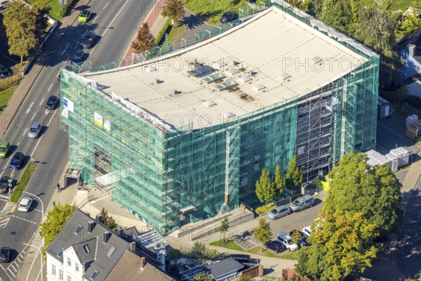 Aerial view, Hamm Municipal Music School, covered building and construction site with new building, road junction Ostenallee and Nordring, centre, Hamm, Ruhr area, North Rhine-Westphalia, Germany, construction work, construction area, construction site, building plots, construction project, construction site, DE, Europe, aerial view, aerial photography, aerial photography, new building, overview, bird's-eye view, bird's-eye view, overview