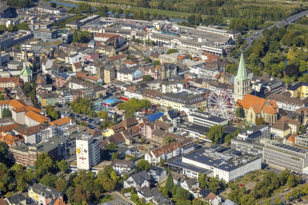 Aerial view, city centre view with St. Paul's Church, city festival with Ferris wheel, Allee-Center, centre, Hamm, Ruhr area, North Rhine-Westphalia, Germany, place of worship, DE, Europe, religious community, place of worship, holy place, church, parish, denomination, aerial view, aerial photography, aerial photography, religion, religious site, overview, bird's-eye view, overview
