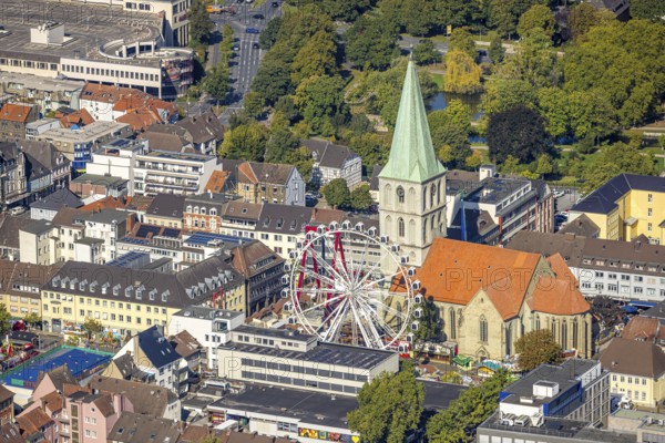 Aerial view, city centre view with St. Paul's Church, city festival with Ferris wheel, centre, Hamm, Ruhr area, North Rhine-Westphalia, Germany, place of worship, DE, Europe, religious community, place of worship, holy place, church, parish, denomination, aerial view, aerial photography, aerial photography, religion, religious site, overview, bird's eye view, birds-eyes view, overview