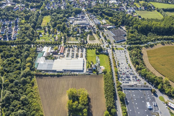Aerial view, roundabout Sachsring and Münsterstraße, garden centre Bintig GmbH and Kaufland supermarket, district Heessen, Hamm, Ruhr area, North Rhine-Westphalia, Germany, DE, Europe, aerial view, aerial photography, aerial photography, overview, bird's-eye view, overview