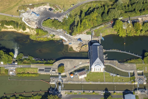 Aerial view, construction site at the Hamm lock on the Datteln-Hamm Canal and River Lippe, centre, Hamm, Ruhr area, North Rhine-Westphalia, Germany, construction work, construction area, building site, building plots, construction project, construction site, DE, Europe, canal, aerial view, aerial photography, aerial photography, aerial photography, lock, overview, bird's-eye view, overview