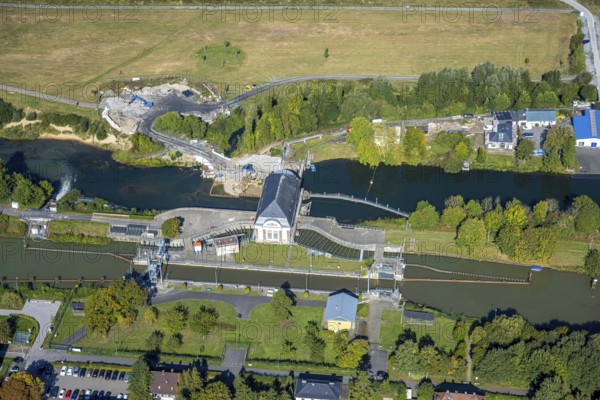 Aerial view, construction site at the Hamm lock on the Datteln-Hamm Canal and River Lippe, centre, Hamm, Ruhr area, North Rhine-Westphalia, Germany, construction work, construction area, building site, building plots, construction project, construction site, DE, Europe, canal, aerial view, aerial photography, aerial photography, aerial photography, lock, overview, bird's-eye view, overview